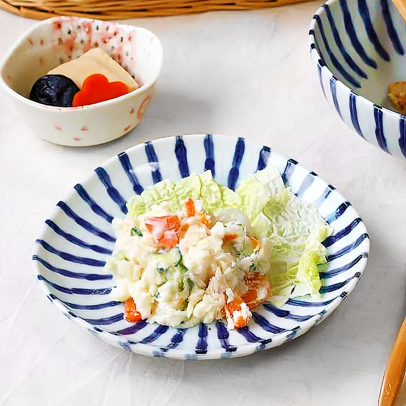 Japanese Ceramic Irregular Plate 16cm Blue Stripes