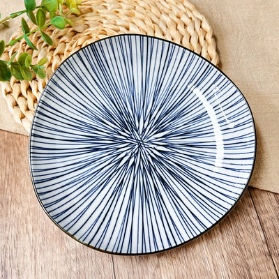 Japanese Ceramic Irregular Serving Plate 16.5cm Blue Lines