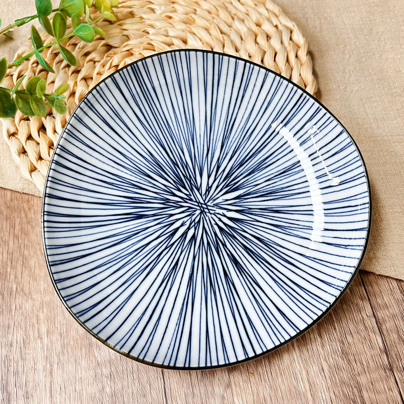 Japanese Ceramic Irregular Serving Plate 16.5cm Blue Lines