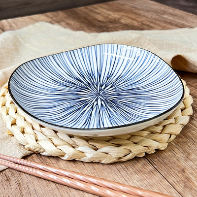 Japanese Ceramic Irregular Serving Plate 16.5cm Blue Lines