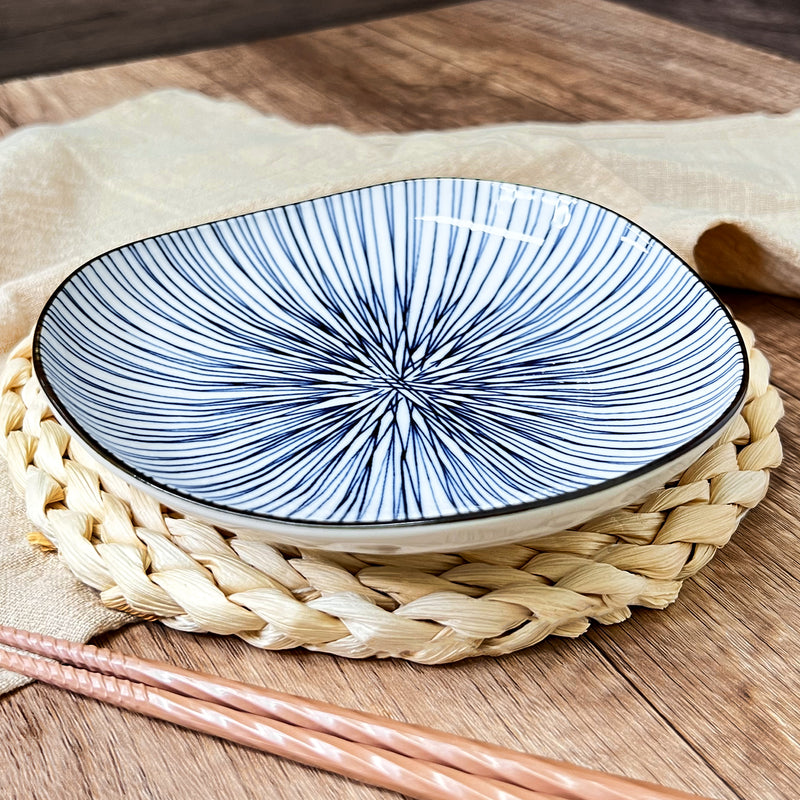 Japanese Ceramic Irregular Serving Plate 16.5cm Blue Lines