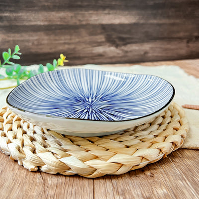 Japanese Ceramic Irregular Serving Plate 16.5cm Blue Lines