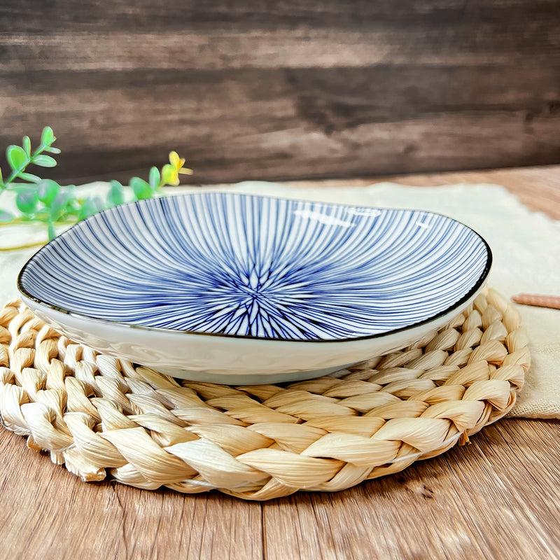 Japanese Ceramic Irregular Serving Plate 16.5cm Blue Lines