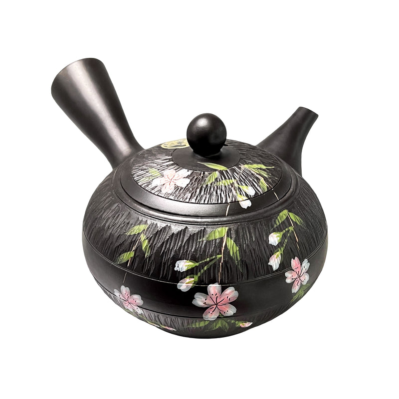 Japanese TOKONAME Tea Pot With Handle Cherry Blossom Matte Black 17cm