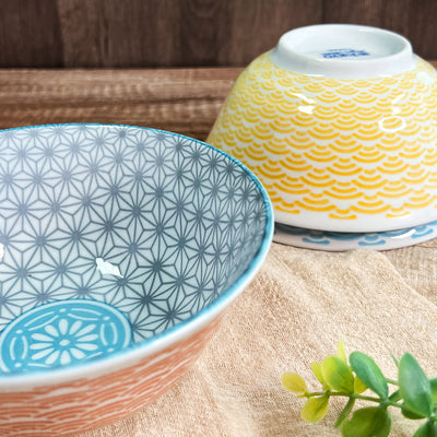 Japanese Noodle Bowl 15.5cm Asanoha-wave Red & Grey