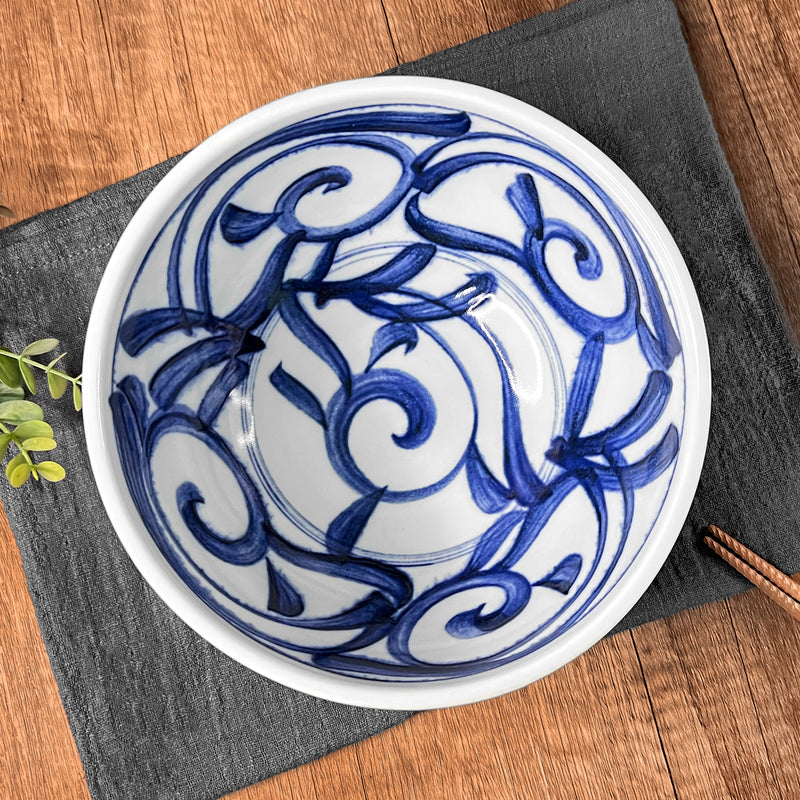 Large Ramen Noodle Bowl 18.5cm Blue Leaves & Vines