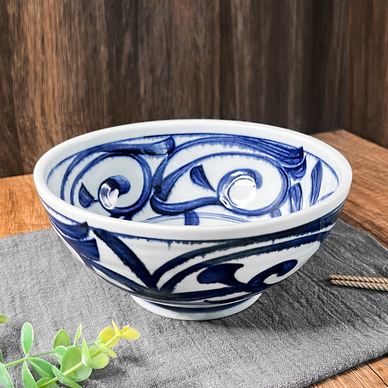 Large Ramen Noodle Bowl 18.5cm Blue Leaves & Vines