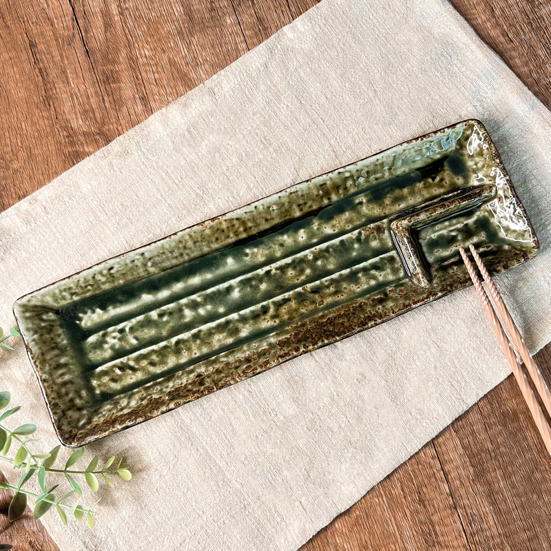 Japanese Retro Ceramic Serving Plate With Dipping Divider Green 33cm