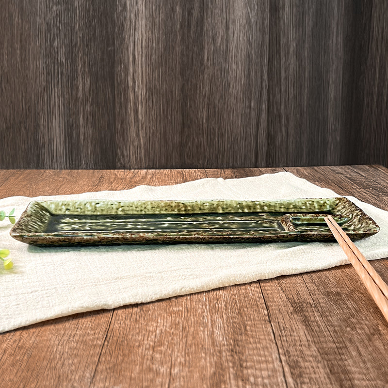 Japanese Retro Ceramic Serving Plate With Dipping Divider Green 33cm