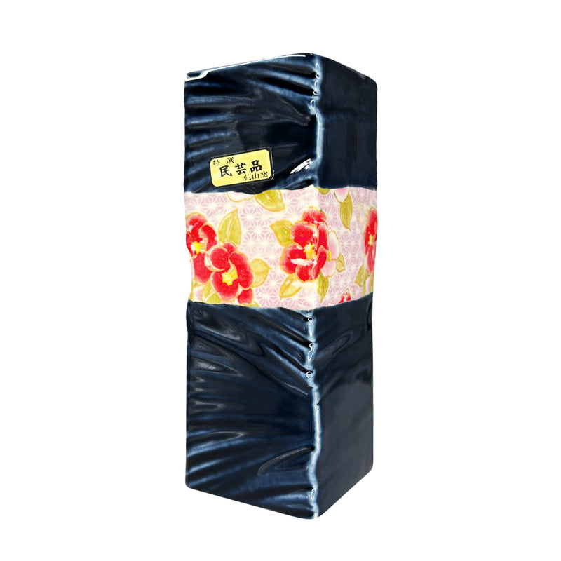 Japanese Copper Plate Style Red & Pink Peony Dark Blue