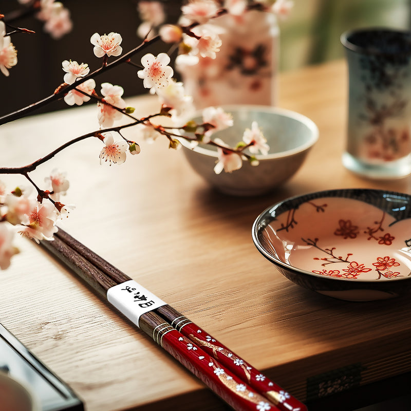 Natural Wood Chopsticks Gold-Embossed Cherry Blossom 21cm Made In Japan