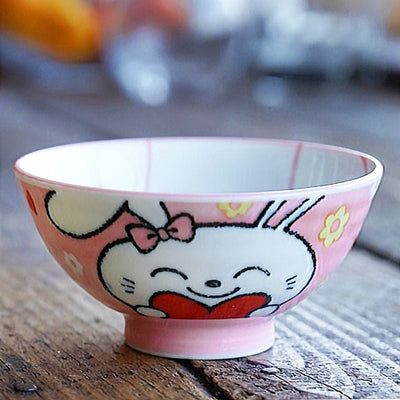 Japanese Ceramic Rice Bowl 10.5cm Cute Bunny Rabbit Pink
