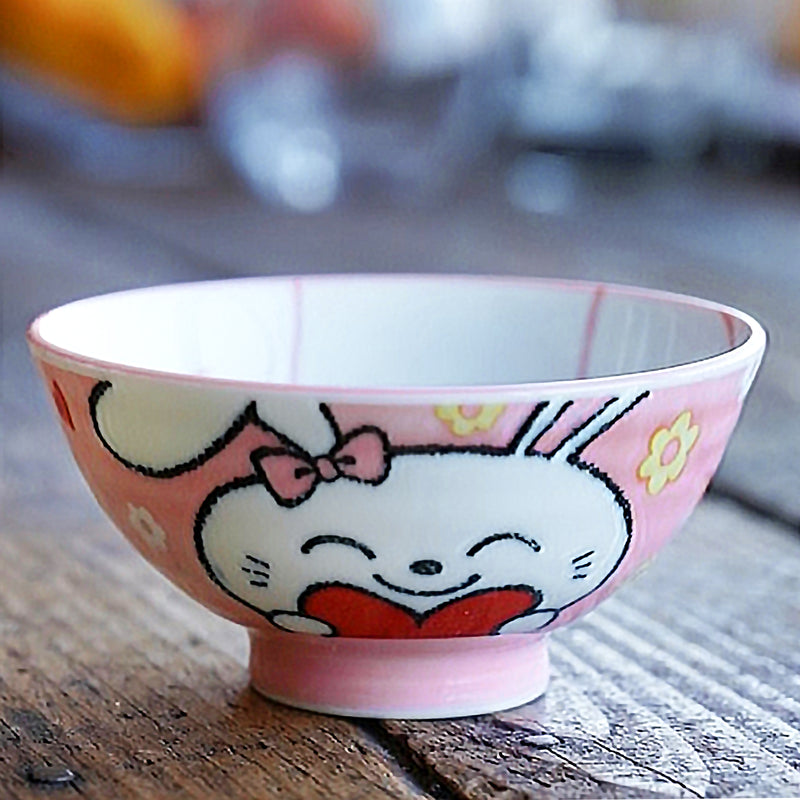 Japanese Ceramic Rice Bowl 10.5cm Cute Bunny Rabbit Pink