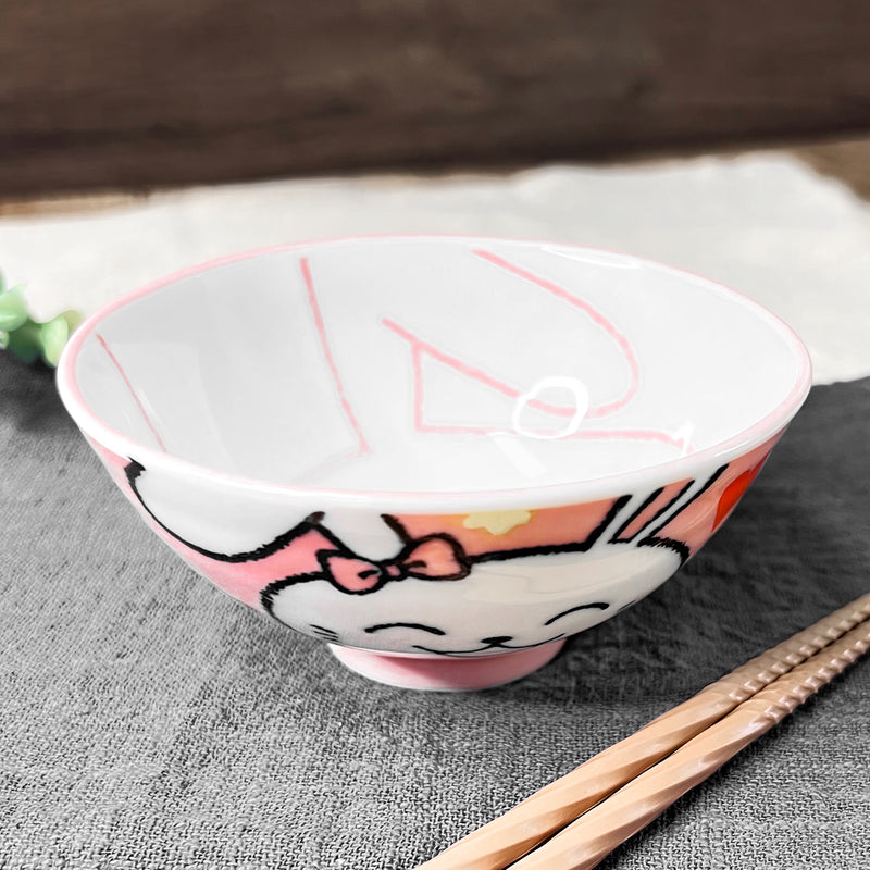 Japanese Ceramic Rice Bowl 10.5cm Cute Bunny Rabbit Pink