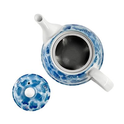 Japanese Ceramic Tea Pot With Handle Plum Bossom Azure