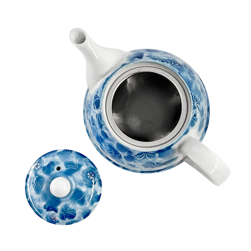 Japanese Ceramic Tea Pot With Handle Plum Bossom Azure