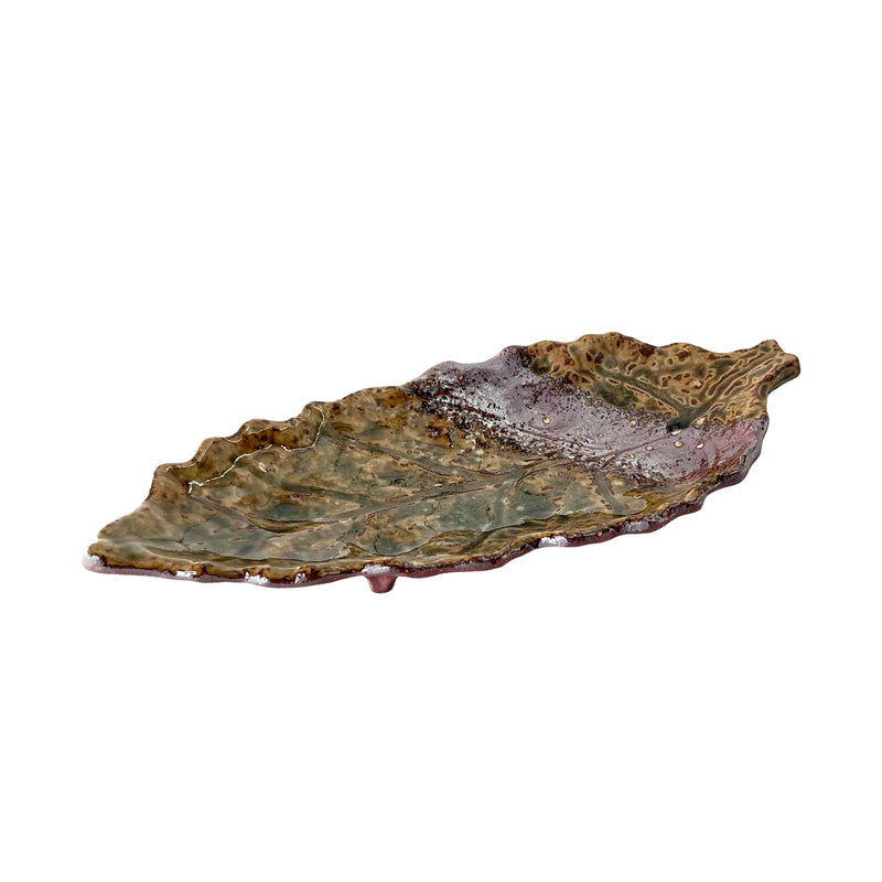 Japanese Ceramic Leaf Dish 26cm Handmade Raw Umber