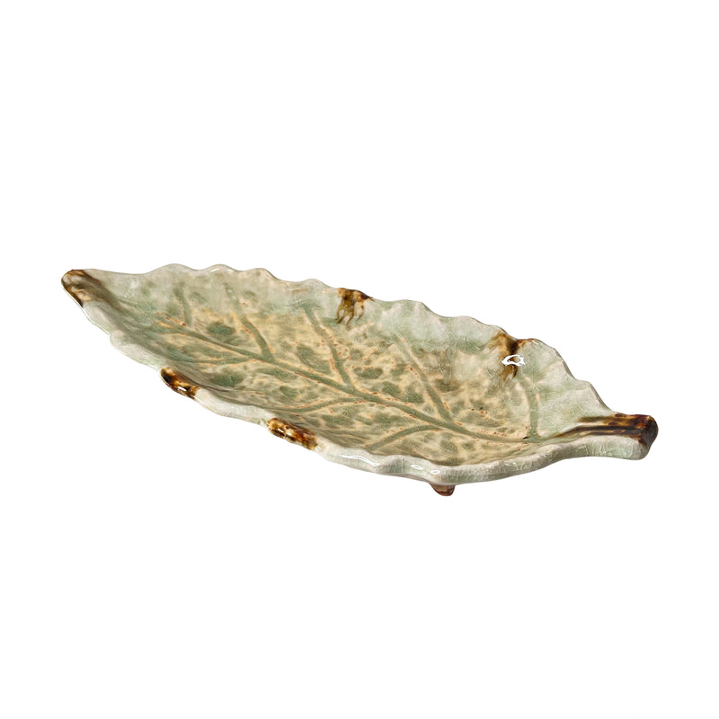 Japanese Ceramic Leaf Dish 26cm Handmade Jade Green