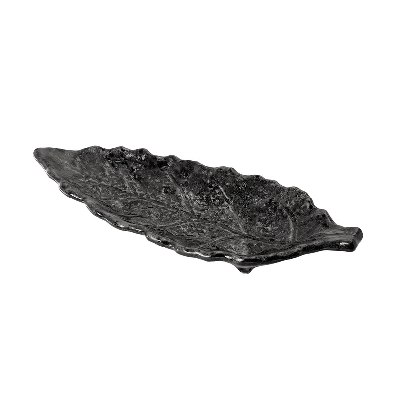 Japanese Ceramic Leaf Dish 26cm Handmade Smokey Black