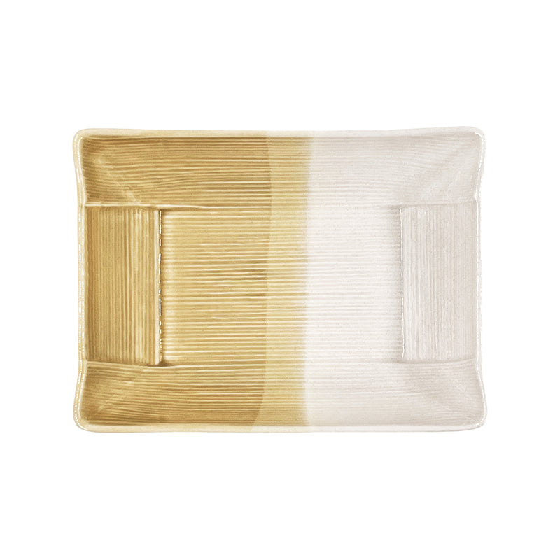 Japanese Rectangular Serving Bowl 16cm Khaki & Cream Stitching