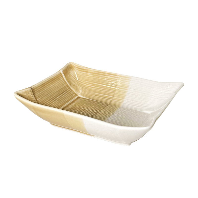 Japanese Rectangular Serving Bowl 16cm Khaki & Cream Stitching